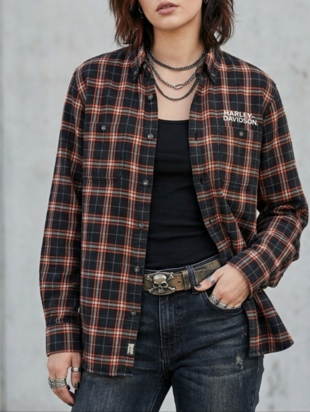 Harley-Davidson Vintage 2006 Plaid Flannel Shirt Black Orange Y2K